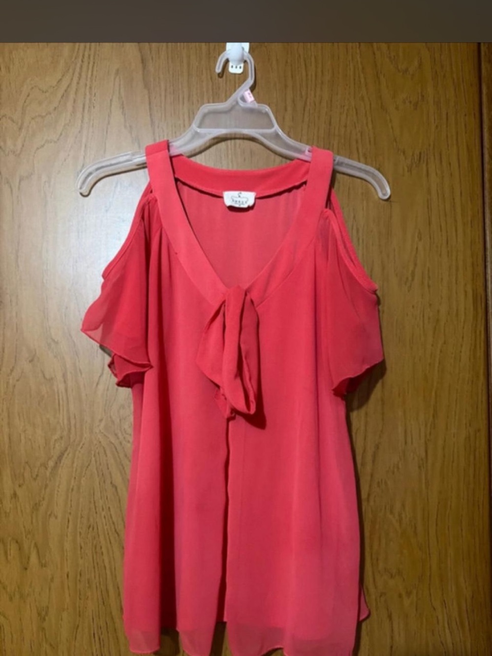 Tie-Neck Cold-Shoulder Blouse in Coral Pink